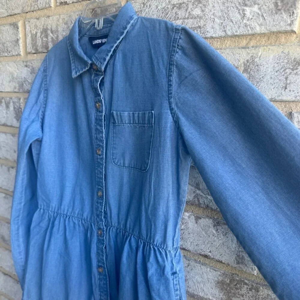 Lands' End Long Sleeve Button Up Collared Tiered Dress Girl's Size 7/8